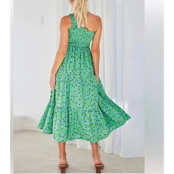 ZESICA One-Shoulder Green Floral Midi Dress Smocked Bodice & Flowy Tiered Skirt - Picture 2 of 13